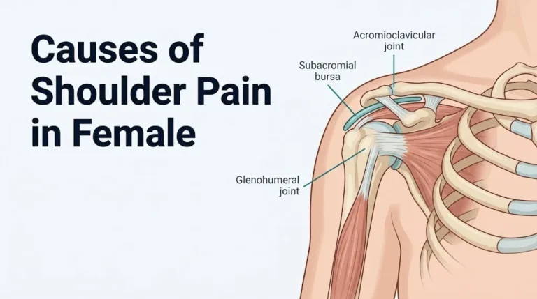 Anatomical illustration of female shoulder joint structures with headline text Causes of Shoulder Pain in Female