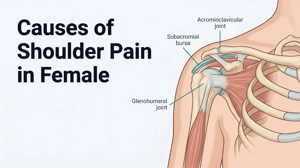 Anatomical illustration of female shoulder joint structures with headline text Causes of Shoulder Pain in Female