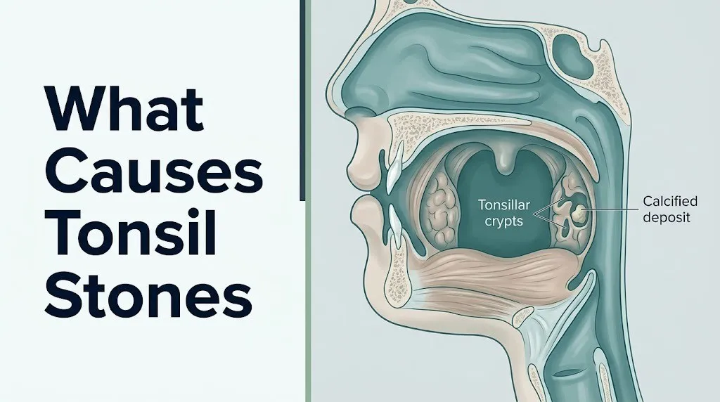 Anatomical illustration of palatine tonsil crypts showing what causes tonsil stones with tonsillolith formation diagram