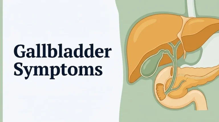 Anatomical illustration of the gallbladder and bile ducts with the headline text gallbladder symptoms on a clinical white background.