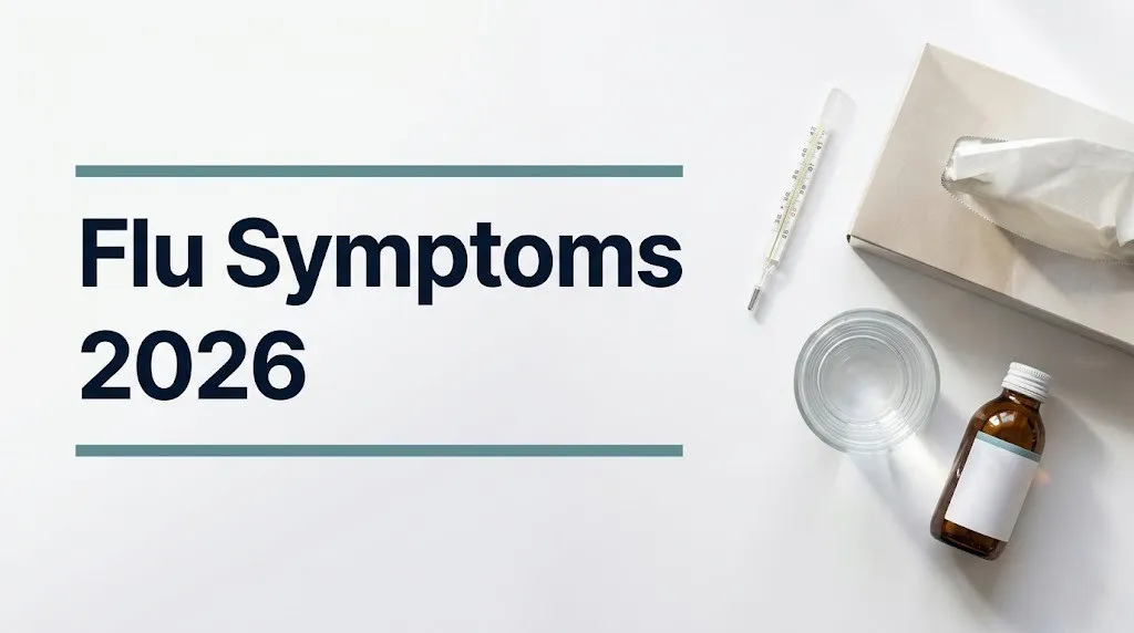 Flu symptoms 2026 health guide showing thermometer, tissues, and water glass on clinical white background