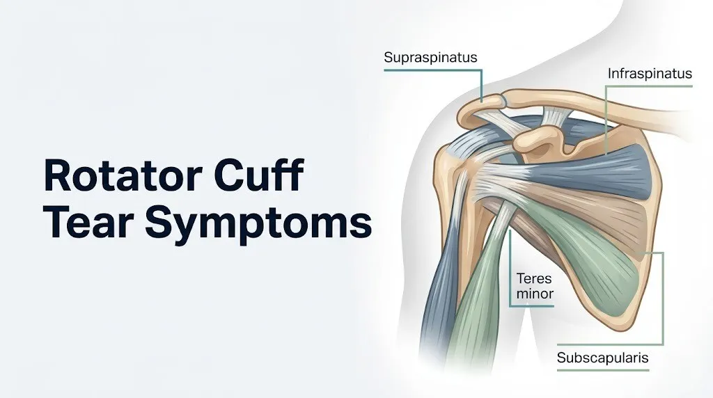 Rotator cuff tear symptoms clinical guide showing shoulder anatomy illustration with tendon labels and symptoms overview