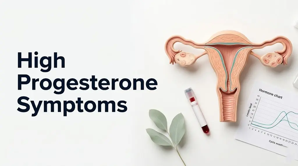 High progesterone symptoms illustrated with reproductive anatomy and hormone panel on a clinical hero banner